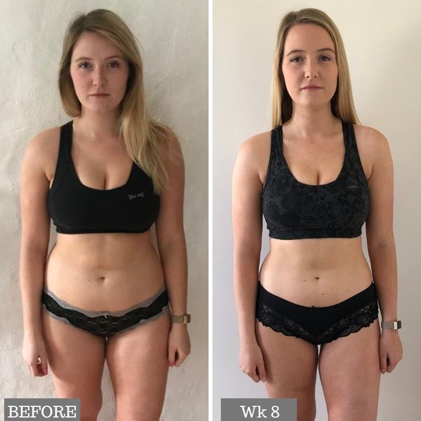 Before and after fitness transformation photo showing increased muscle definition