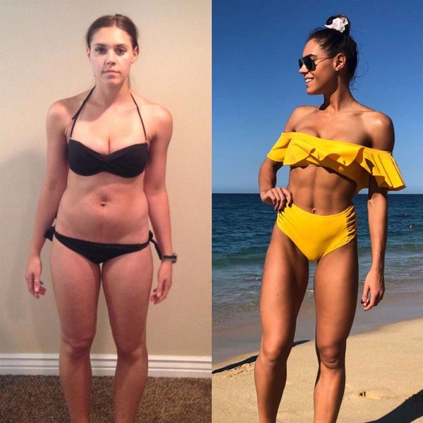 Fitness influencer showing transformation photos side-by-side