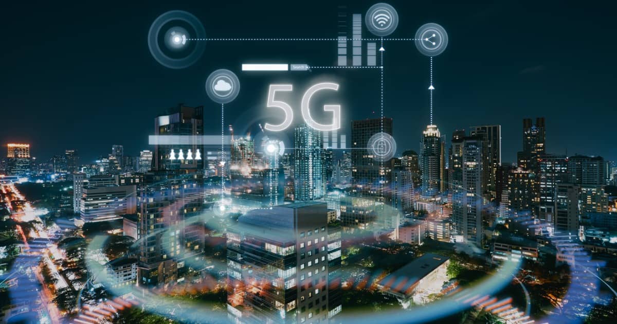 5g wireless tower urban cityscape