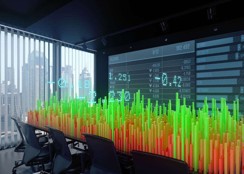 trading floor with digital screens