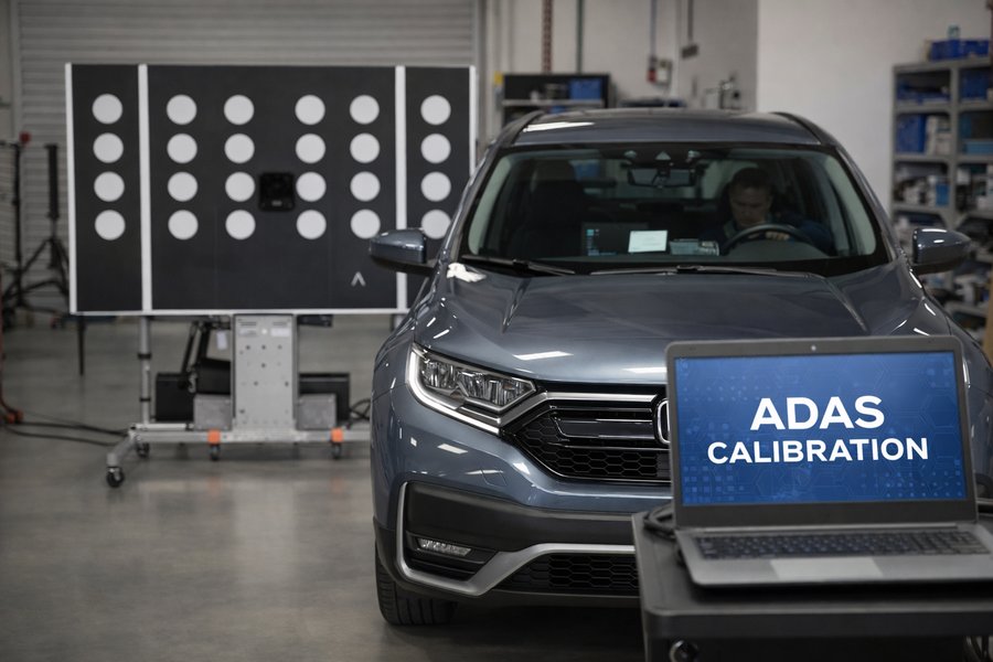Diagram showing ADAS camera placement on a vehicle windshield and its interaction with various safety systems