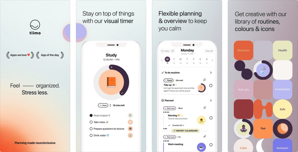 Screenshot of Tiimo app interface showing visual scheduling