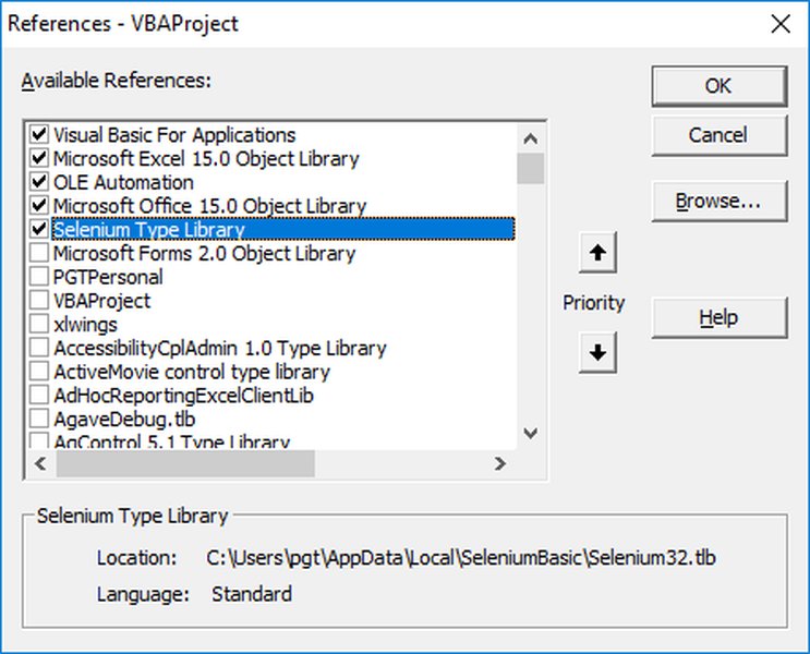 Adding Selenium Type Library reference in VBA