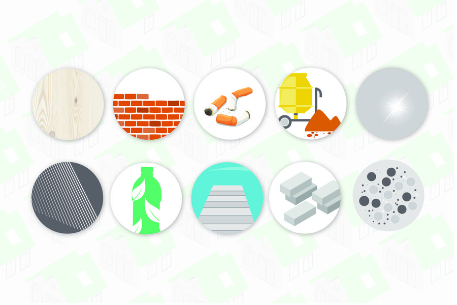 Collage showcasing various innovative construction materials like self-healing concrete and advanced composites.