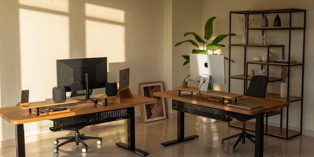modern office desk with digital screens