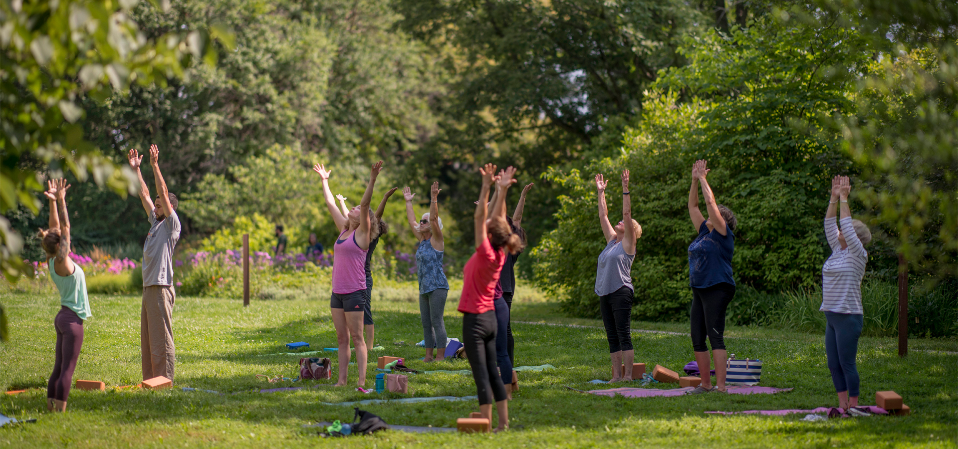 landscape of people practicing yoga outdoors