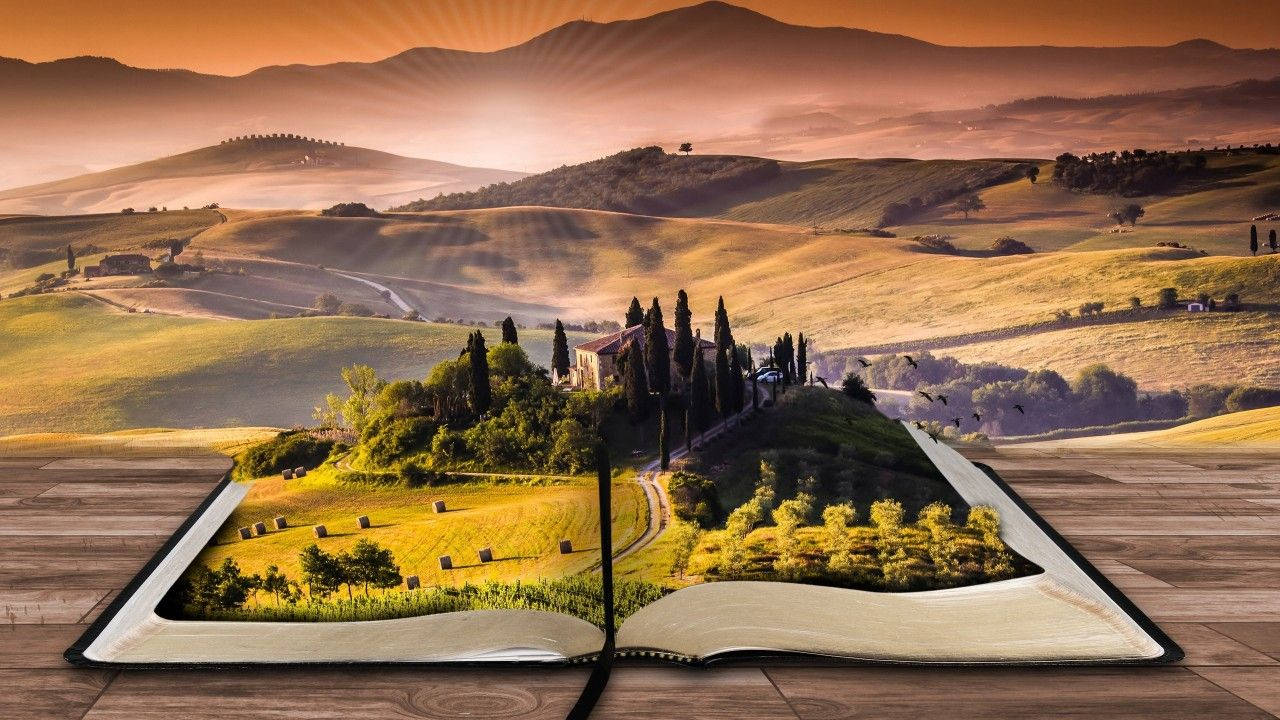 scenic landscapes with books and nature