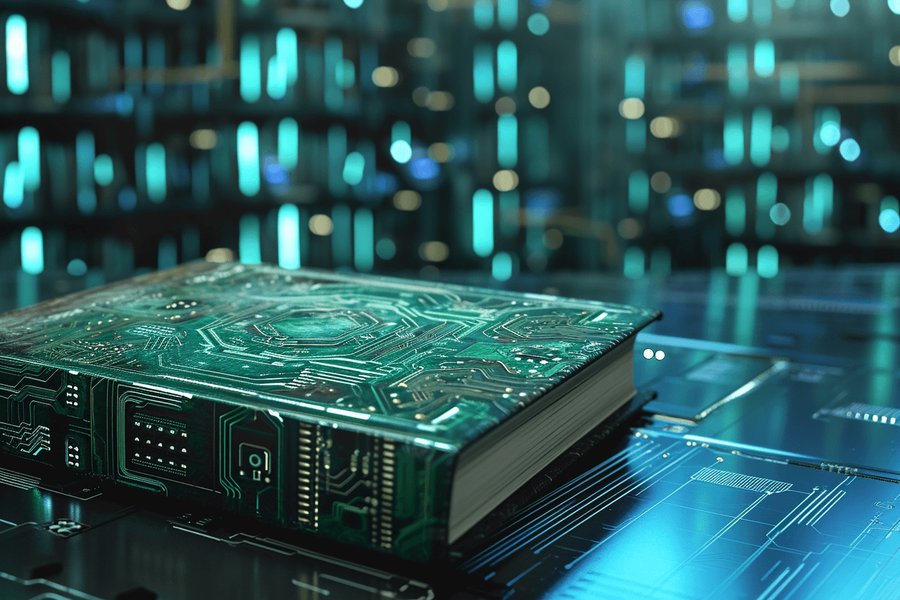 Abstract image of a book made of circuit boards, symbolizing the intersection of traditional knowledge and AI technology.