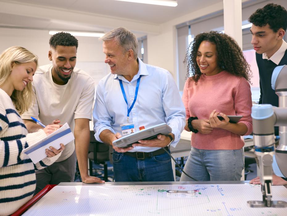university students and teachers discussing AI projects