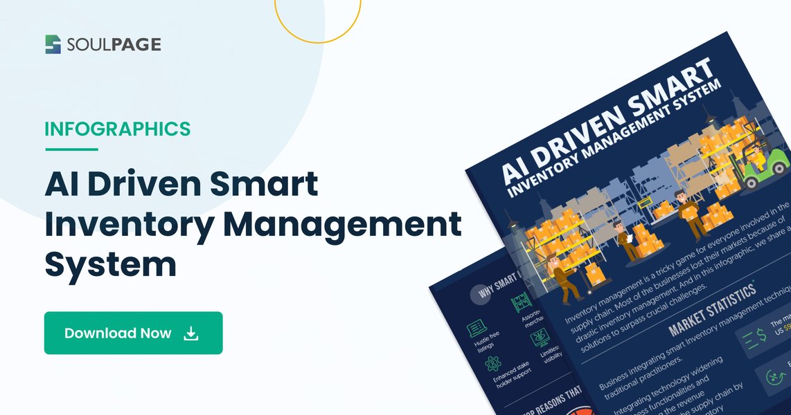 An infographic showing various aspects of AI-driven smart inventory management, including predictive analytics, automation, and real-time insights.