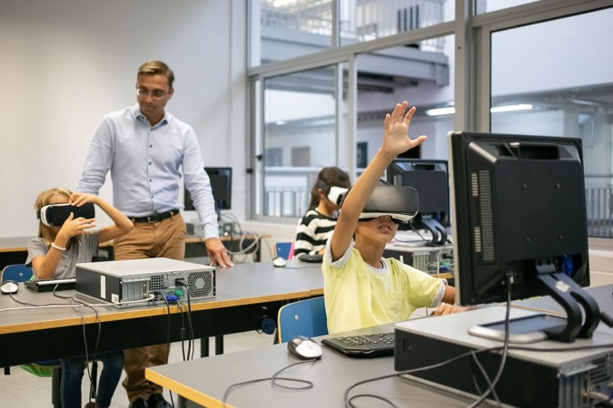 modern classroom technology with interactive screens and virtual reality