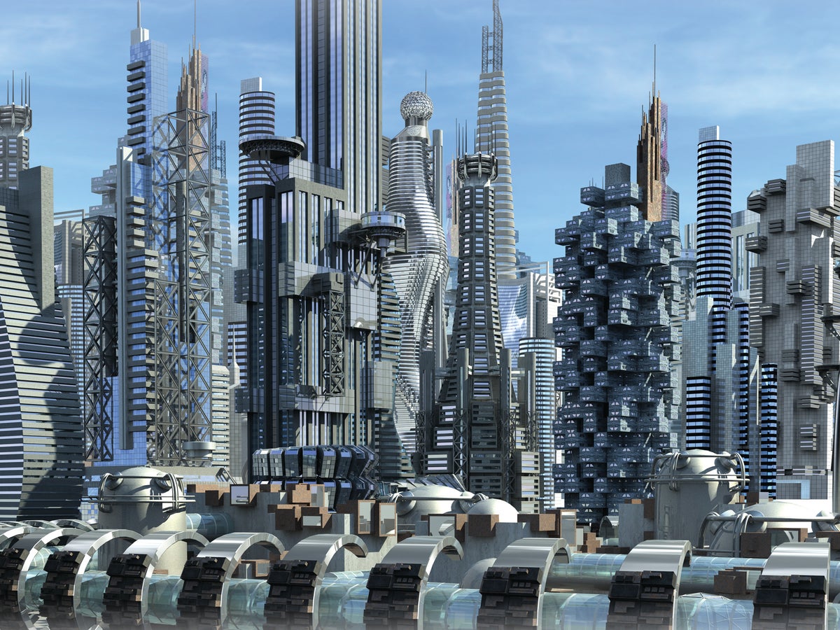 futuristic cityscape with autonomous vehicles, modern healthcare robot, advanced education technology