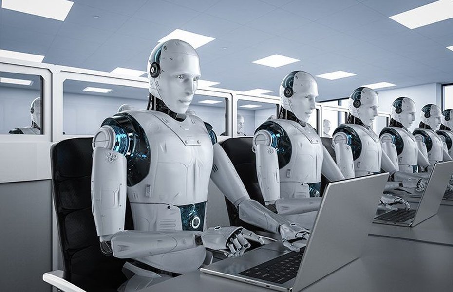 Business professionals collaborating around a table with digital interfaces, suggesting AI integration.