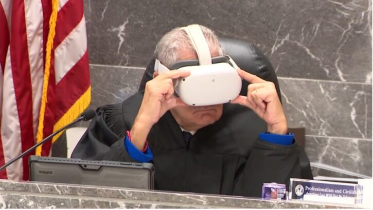 AI technology in a modern courtroom with digital interfaces