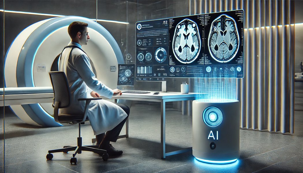 AI in Healthcare: Doctors interacting with AI-powered diagnostics.