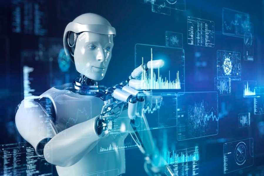 AI robot controlling futuristic data screen