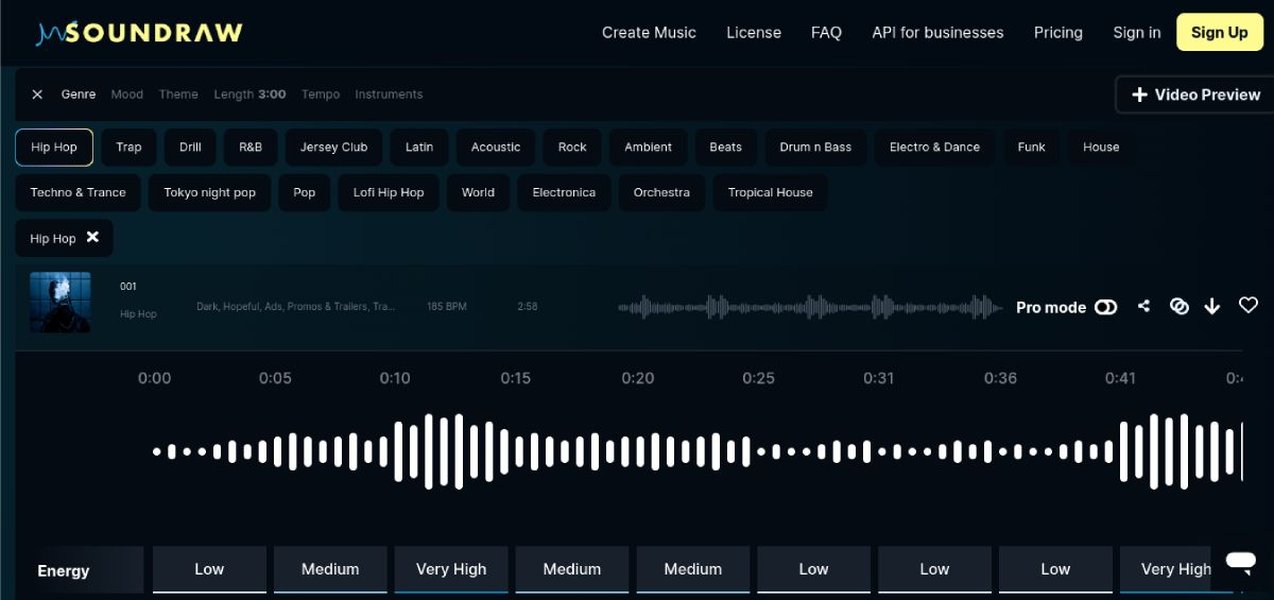 User interface of Soundraw AI music generator