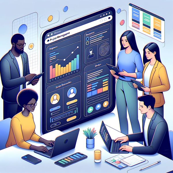 Illustrazione di un team che collabora utilizzando strumenti digitali