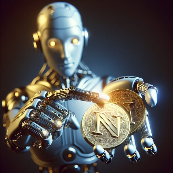 AI Robot holding golden coins