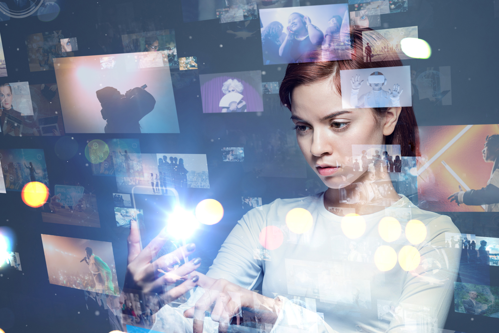 AI technology and social media interface, futuristic tech displays