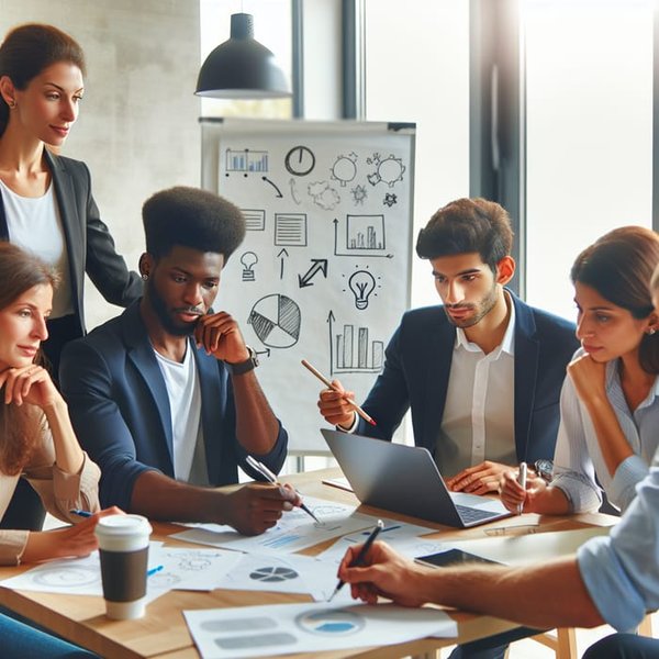Diverse team brainstorming in a startup environment