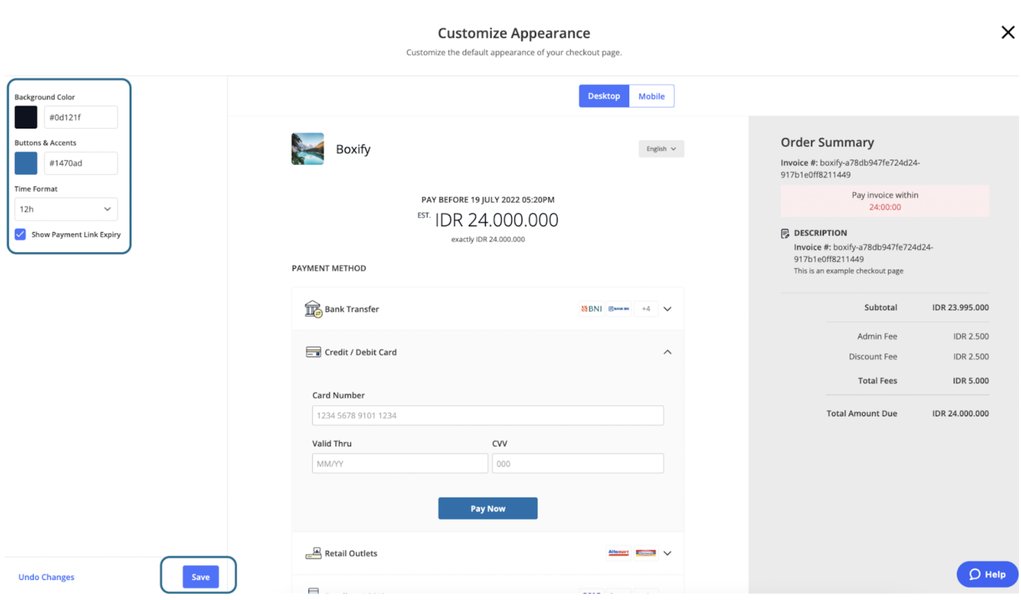 Xendit checkout settings interface