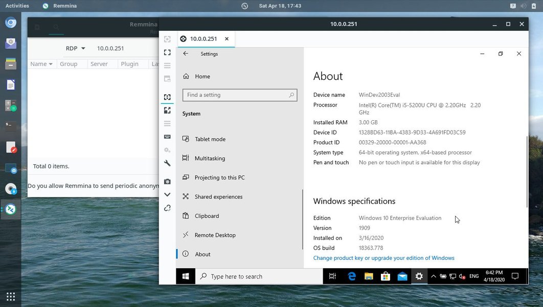 Capture d'écran de l'interface de connexion RDP de Remmina, montrant les champs pour le serveur, le nom d'utilisateur et le mot de passe.