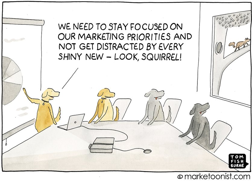 Caricatura sobre la búsqueda de la 'nueva cosa brillante' en marketing