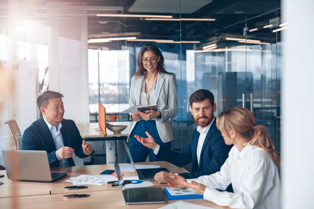business people in modern office with high tech setting