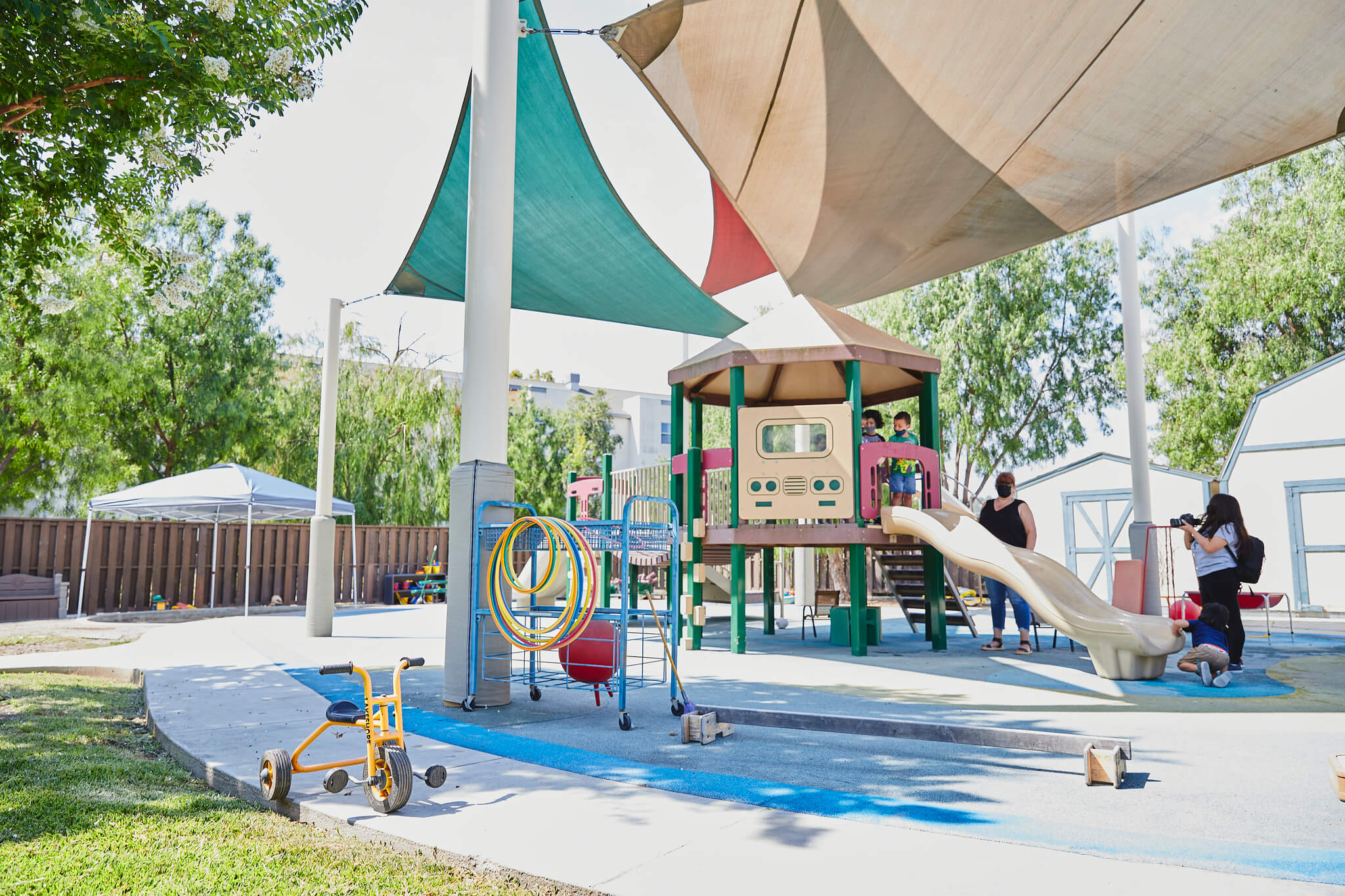 children playground, nutritious food, health center building
