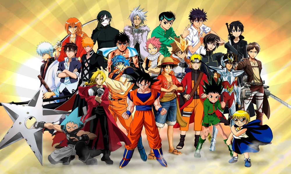 Grupo de diversos personajes de anime en una ilustración.
