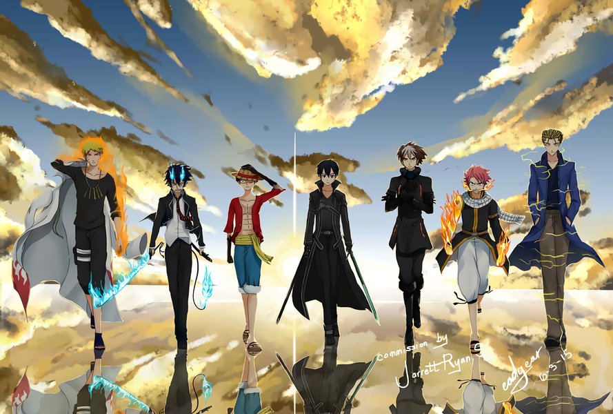 Otro ejemplo de un grupo diverso de personajes de anime en una ilustración.