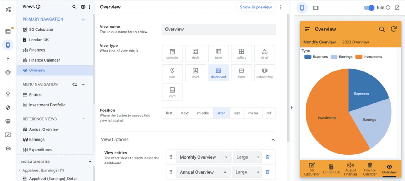 Example of an AppSheet dashboard view with filter controls