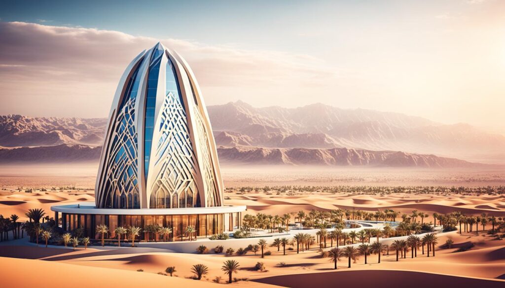 arid desert, traditional marketplace, Arabian architecture