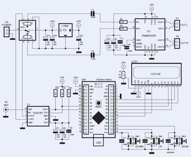 Diagrama de conexión de un módulo TEA5767 a un Arduino.