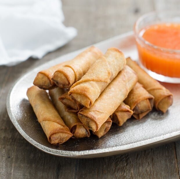 seafood, lumpia, culinary dish on table