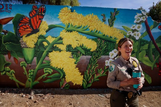 volunteers painting mural in nature