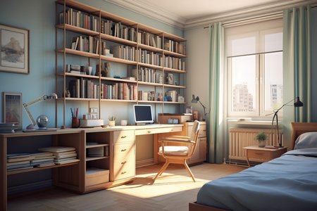organized desks, study room with books