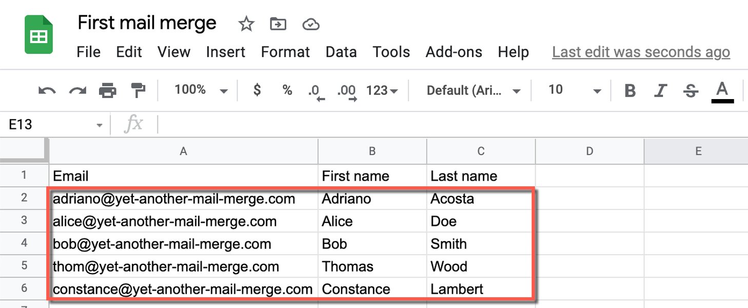Ejemplo de una hoja de Google Sheets con columnas para Email y Fecha