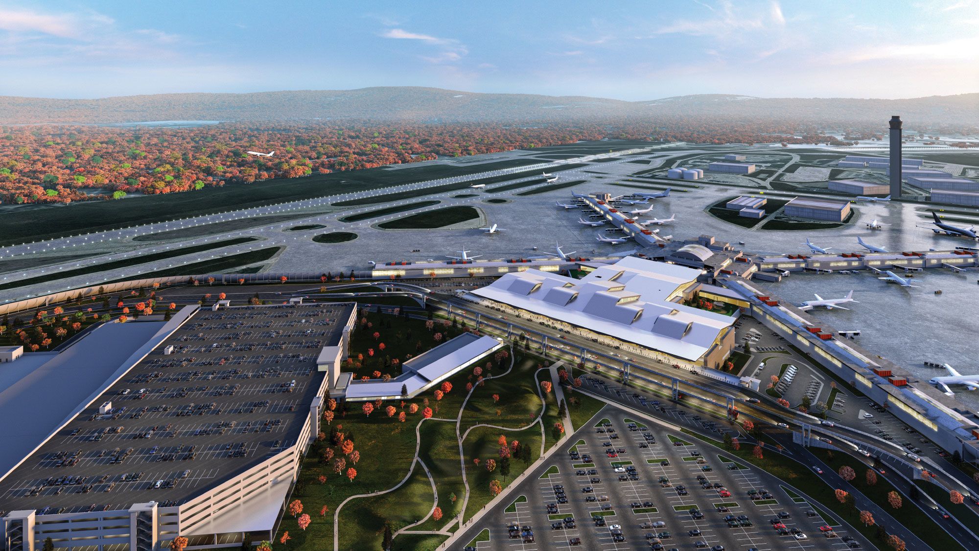 modern airport terminal and airplane