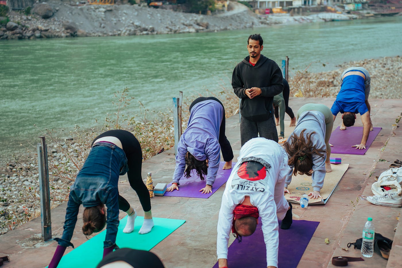 morning yoga outdoors with spices and water