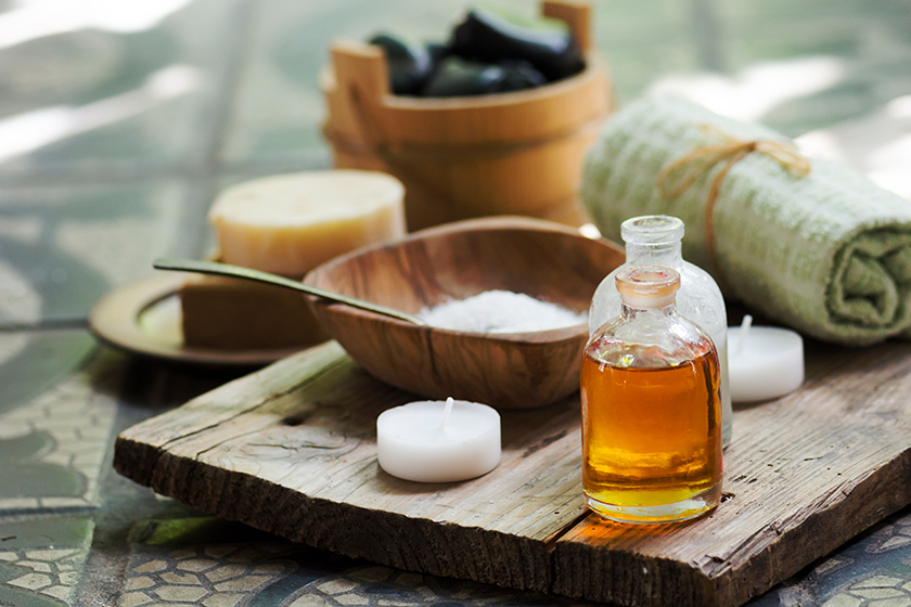 natural herbal ingredients, calm morning bath setup