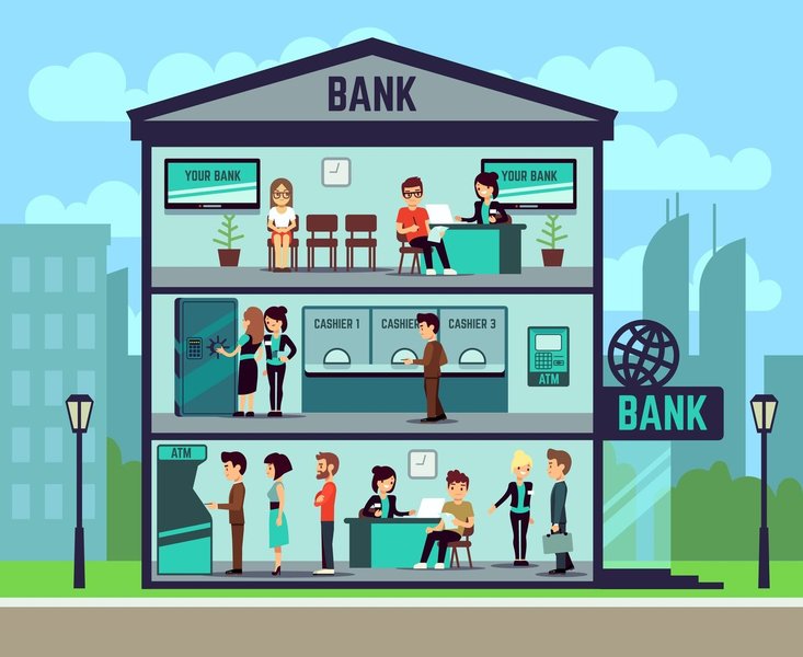 bank building and employees