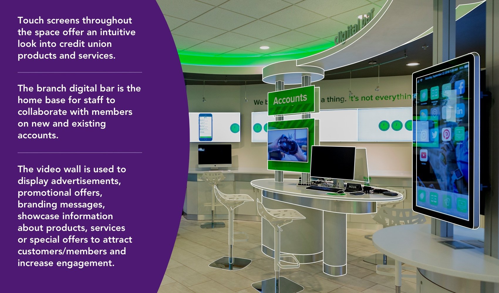modern bank building with digital interface