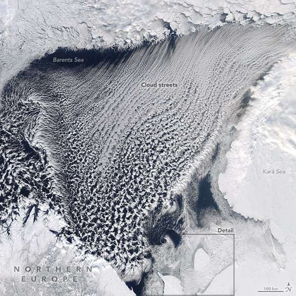 Satellite image showing sea ice extent in the Barents Sea, illustrating the effects of climate and past glaciations.