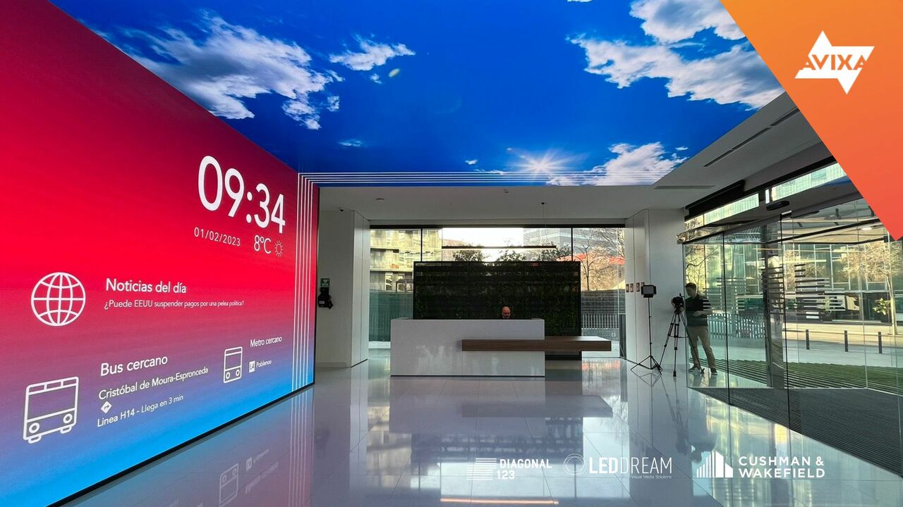 modern office building with digital screens
