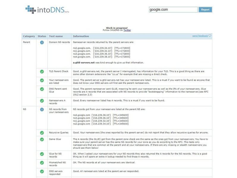 Raport serwera DNS z wynikami sprawdzania