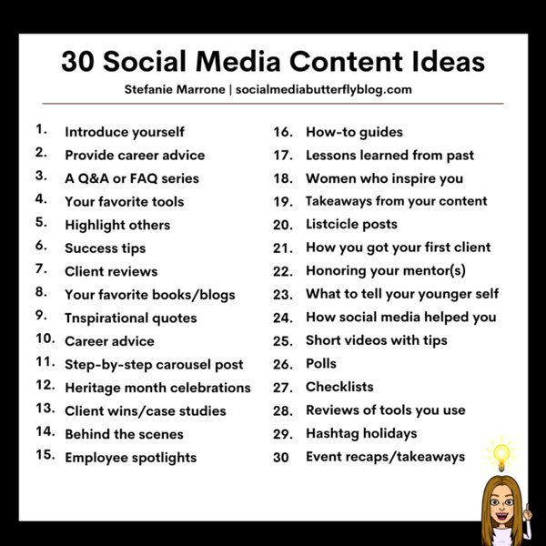 A grid displaying 30 different social media content ideas for various platforms.