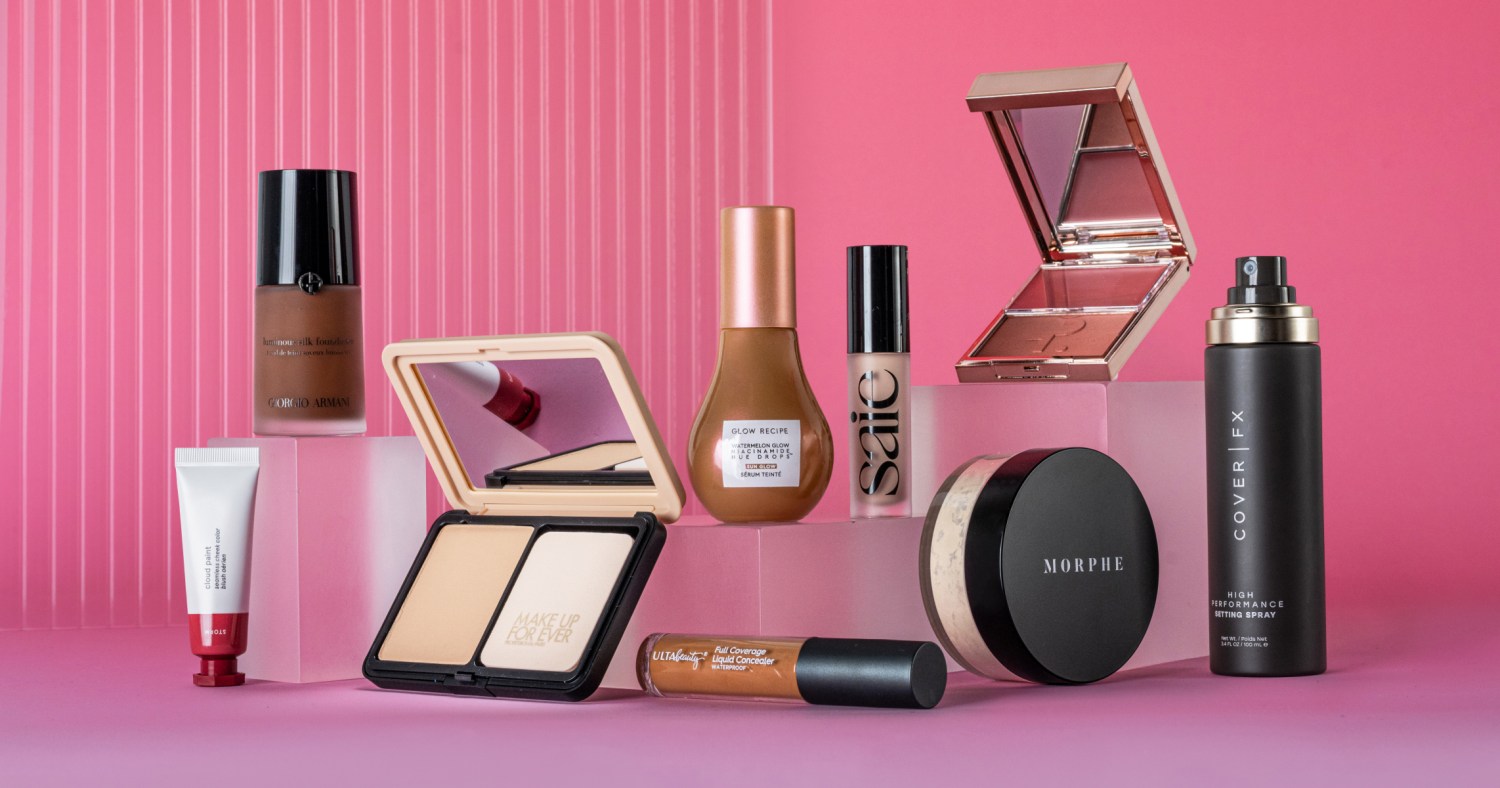 beauty products display on social media table top makeup