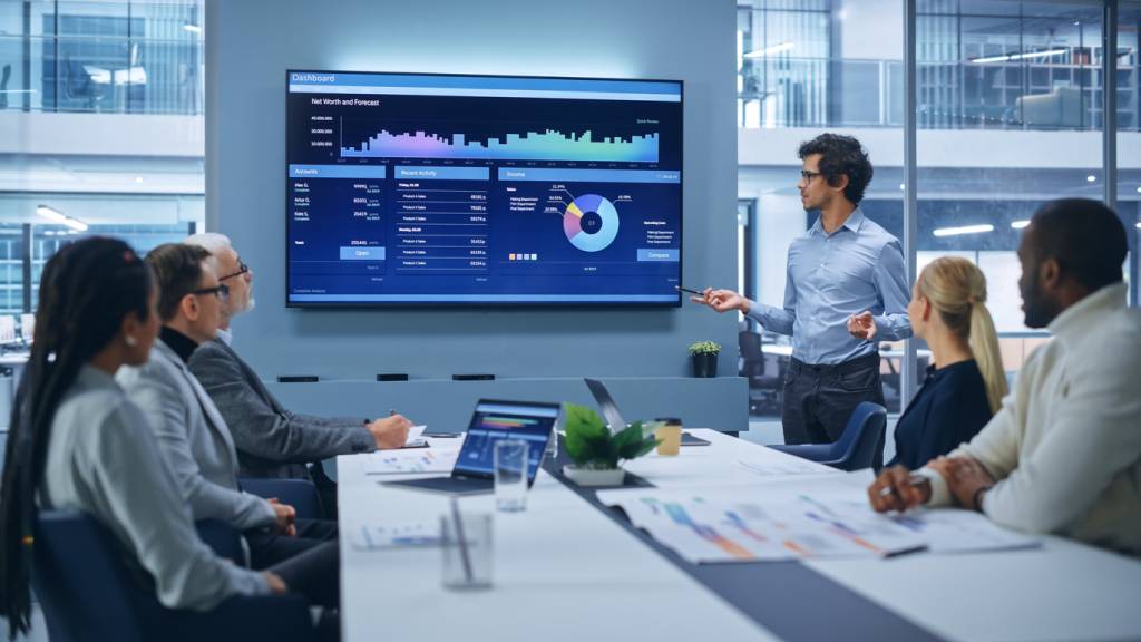 corporate meeting with technology devices